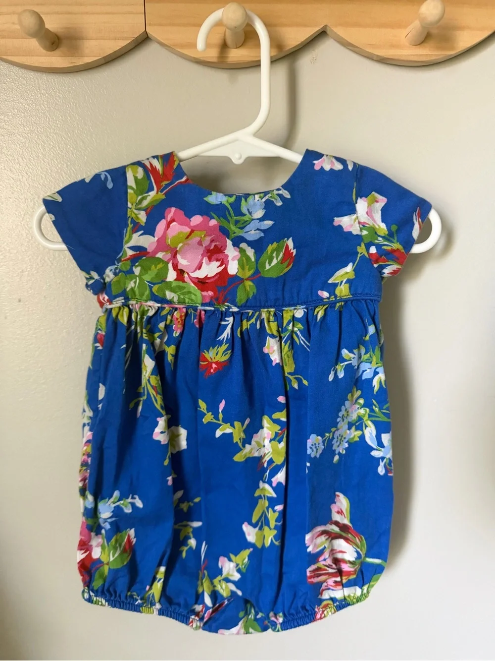 Ralph Lauren Girls 3M Blue Floral Cotton Romper One-Piece Short Sleeve Baby